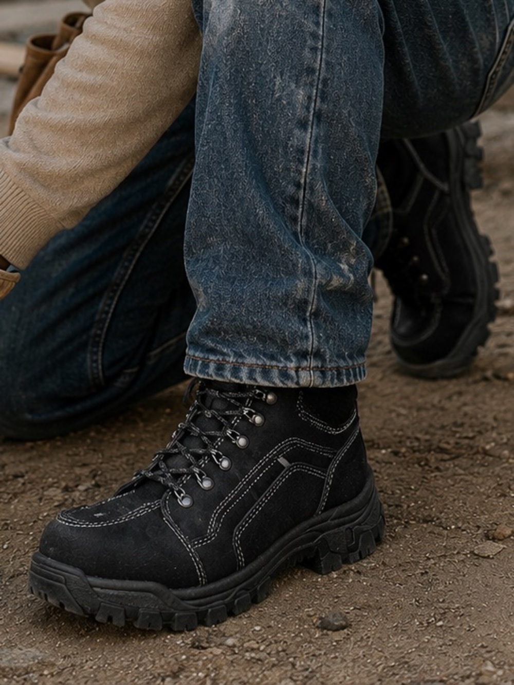 Men's Black Lace-Up Safety Boots with Contrast Stitching